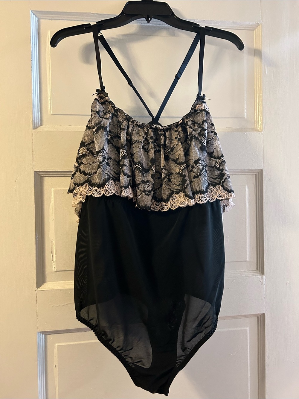Lane Bryant Cacique Lace-Trim Black and pinck Flounce Bodysuit